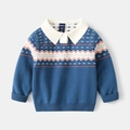 Vorderansicht Kinder-Strickpullover mit Wellenmuster, Polokragen und Jacquard-Design - 100cm / Sternblau Welle