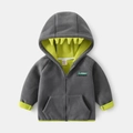 Kids dinosaur-themed gray fleece hooded jacket with bright green lining and zip closure - 100cm / Tops / Gray