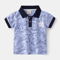 Short-sleeved light blue polo shirt for boys featuring dark blue dinosaur prints - 100cm / Blue Dinosaur All-over Print