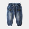 Classic blue boys denim joggers with elastic waist and yellow button cargo pockets - 90cm / Dark Blue