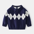 Maglione polo per bambini blu scuro con motivi a rombi bianchi e polsini a costine fini - 90 / Argyle Blu Navy