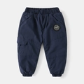 Thick navy blue boys fleece-lined cargo pants with elastic waist and TYEKIDS badge - 110cm / Navy Blue