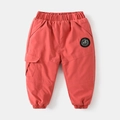 Detail of coral red kids thickened winter pants with elastic waist and cargo pocket - 110cm / Dusty Pink