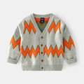 Flat lay of gray V-neck kids cardigan with orange and green zigzag knit patterns - 90cm / Grey Lightning