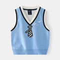 Gilet in maglia azzurro per bambini con scollo a V e motivo a cravatta e uccelli - 90cm / Celeste
