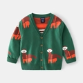 Kids V-neck knit cardigan in dark green with cute alpaca pattern and wooden buttons - 90cm / Green Alpaca