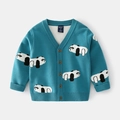 Blue knit V-neck cardigan for boys featuring cute panda jacquard and wooden buttons - 90cm / Blue Panda