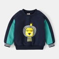 Jongens sweatshirt met kleurvlakken en cartoon leeuw met kroon op donkerblauwe achtergrond - 90cm / Marine Patchwork Groene Leeuw
