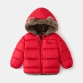 Detail of red kids hooded jacket with cute bear ears and soft brown faux fur lining - Red / 90cm