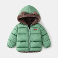 Detail of hooded kids jacket with soft faux fur lining and cute 3D bear ears on hood - Green / 110cm