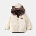 Detail of children's hooded winter coat with bear ears and warm faux shearling lining - White / 90cm