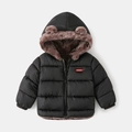 Kids reversible winter jacket in shiny black with warm hooded teddy bear ears - Black / 110cm