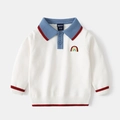 White knit polo sweater for boys featuring rainbow embroidery and striped ribbed cuffs - 90 / White