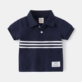 Detail van donkerblauw poloshirt voor kinderen met witte strepen en nette kraag - 90cm / Marineblauw