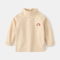Cream children's high-neck long sleeve thermal top with a rainbow embroidery detail - Apricot
