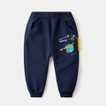 Dark blue kids fleece joggers featuring a 3D yellow dinosaur cartoon on the leg - Navy Blue / 90cm