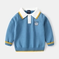 Toddler boy long sleeve knit polo sweater in blue with yellow striped collar trim - 90 / Aqua