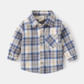 Vista piatta della camicia a quadretti blu e marrone a maniche lunghe per bambini - 90cm / Blu a Quadri
