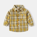 Classic yellow and grey plaid long sleeve cotton shirt for boys with front buttons and pocket - Lemon Yellow