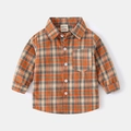 Classic orange and green plaid long-sleeve cotton shirt for boys with front chest pocket - Vibrant Orange