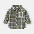 Classic olive and brown plaid long sleeve cotton shirt for boys in retro preppy style - Olive Green