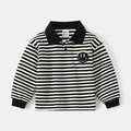 Polo rayé pour enfants à manches longues avec col rabattu noir et motif smiley - Rayures Noires et Blanches / 90cm