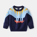 Maglione in maglia blu scuro per bambino con simpatico personaggio su skateboard - 90cm / Dinosauro su Skateboard