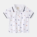 Detail of boys polo shirt showing printed rockets and navy stripes on ribbed collar - White Rocket / 90cm