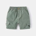 Detail of sage green cargo shorts with white contrast stitching and utility pockets - Bean Green / 90cm