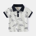 Boys' dinosaur print polo shirt in grey with navy accents and breathable pique fabric - Grey Dinosaur / 90cm