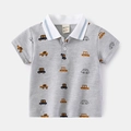 Grey kids polo shirt with cartoon car prints and contrasting white striped collar - 90cm / Gray