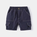 Detail of dark blue cargo shorts featuring white contrast stitching and a fashion pocket tag - Navy Blue / 90cm