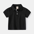 Close-up of black kids Polo shirt collar with breathable pique fabric and white buttons - 90cm / Black