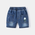 Boys' mid-blue denim shorts with elastic waist and cute cartoon robot pocket print - Dark Blue / 90cm