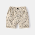 Kids beige summer shorts with black space doodles featuring rockets and astronauts - Khaki / 90cm
