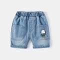 Summer boys denim shorts with elastic waist and cute minimalist robot cartoon pattern - Light Blue
