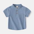 Light blue kids short sleeve Henley shirt with wooden buttons and chest pocket - 90cm / Aqua
