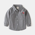 Camicia a maniche lunghe a quadretti blu scuro per bambini con ricamo di dinosauro - 90cm / Quadretti Bianchi e Neri (Tasca con Ricamo di Dinosauro)