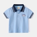 Light blue kids polo shirt with navy collar and cat embroidery on a gray background - Blue / 90cm