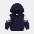 Kinder hoodie met rits in donkerblauw met grijs-wit kleurblok design op de mouwen - Marineblauw / 100cm