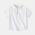 Classic white short-sleeve linen-cotton shirt for boys with a stylish Henley collar - 90cm / White