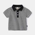 Polo a righe bianche e nere per bambini in cotone con colletto e bottoni a contrasto - Striscia Nera / 90cm