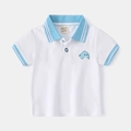 White short sleeve kids polo shirt with light blue striped collar and cartoon embroidery - White / 100cm