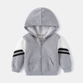 Grijze hoodie met rits voor jongens en mouwen met zwart-witte strepen en capuchon - Grijs / 90cm