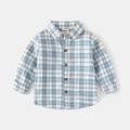 Classic blue and white plaid long sleeve button-up shirt for boys with wood style buttons - Sky Blue / 90cm