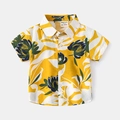 Short-sleeved yellow floral kids shirt with white leaf patterns and button-up front - 120cm / Yellow White Floral