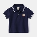 Navy blue cotton polo shirt for boys with white stripes and lion embroidery - Navy Blue / 90cm
