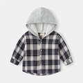 Détail du col de la chemise à carreaux avec capuche grise et étiquette de taille - Plaid Gris Noir / 110cm