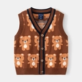 Gilet in maglia marrone per bambini con scollo a V, motivo orsetto e bottoni vintage - 90cm / caffè