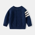 Pull en tricot bleu marine pour garçons avec motifs de torsades et rayures blanches sportives - Bleu marine / 100cm